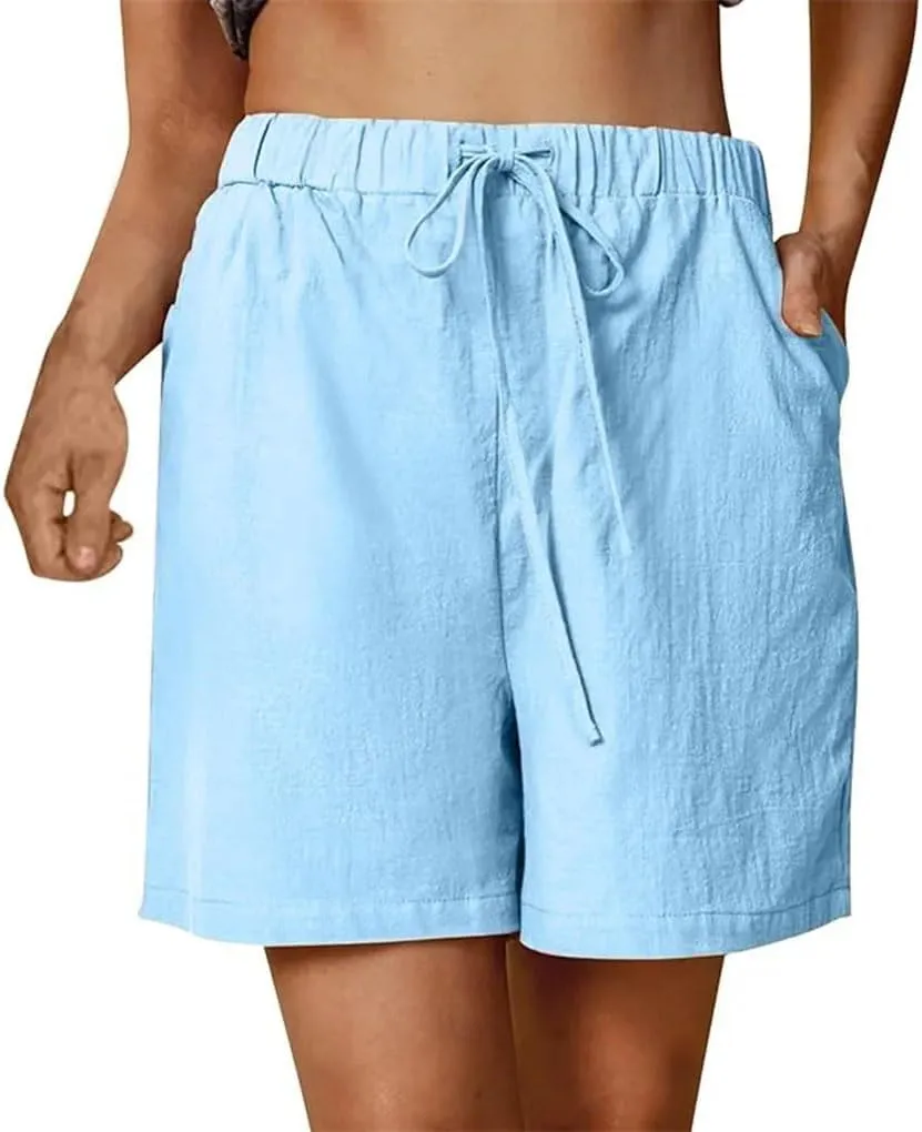 Women's Casual Shorts Drawstring Solid Color Cotton Linen Short Female Loose Straight Jogging