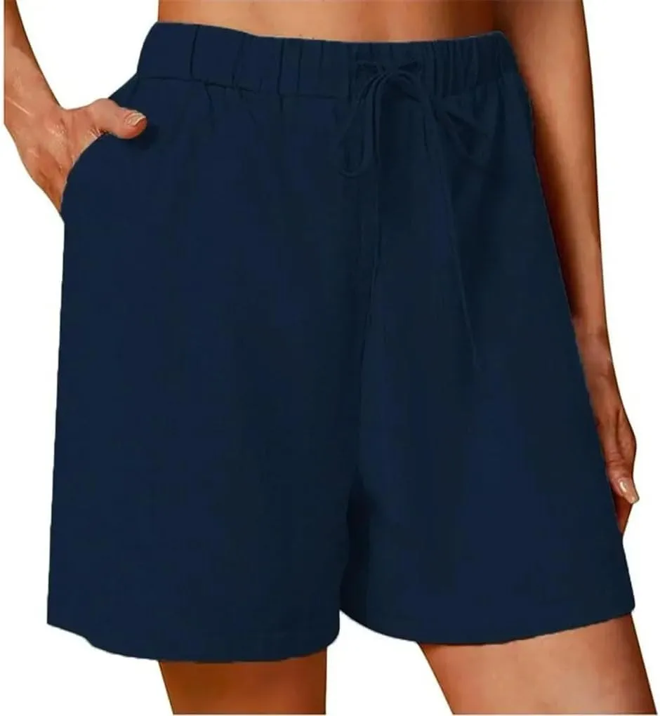 Women's Casual Shorts Drawstring Solid Color Cotton Linen Short Female Loose Straight Jogging