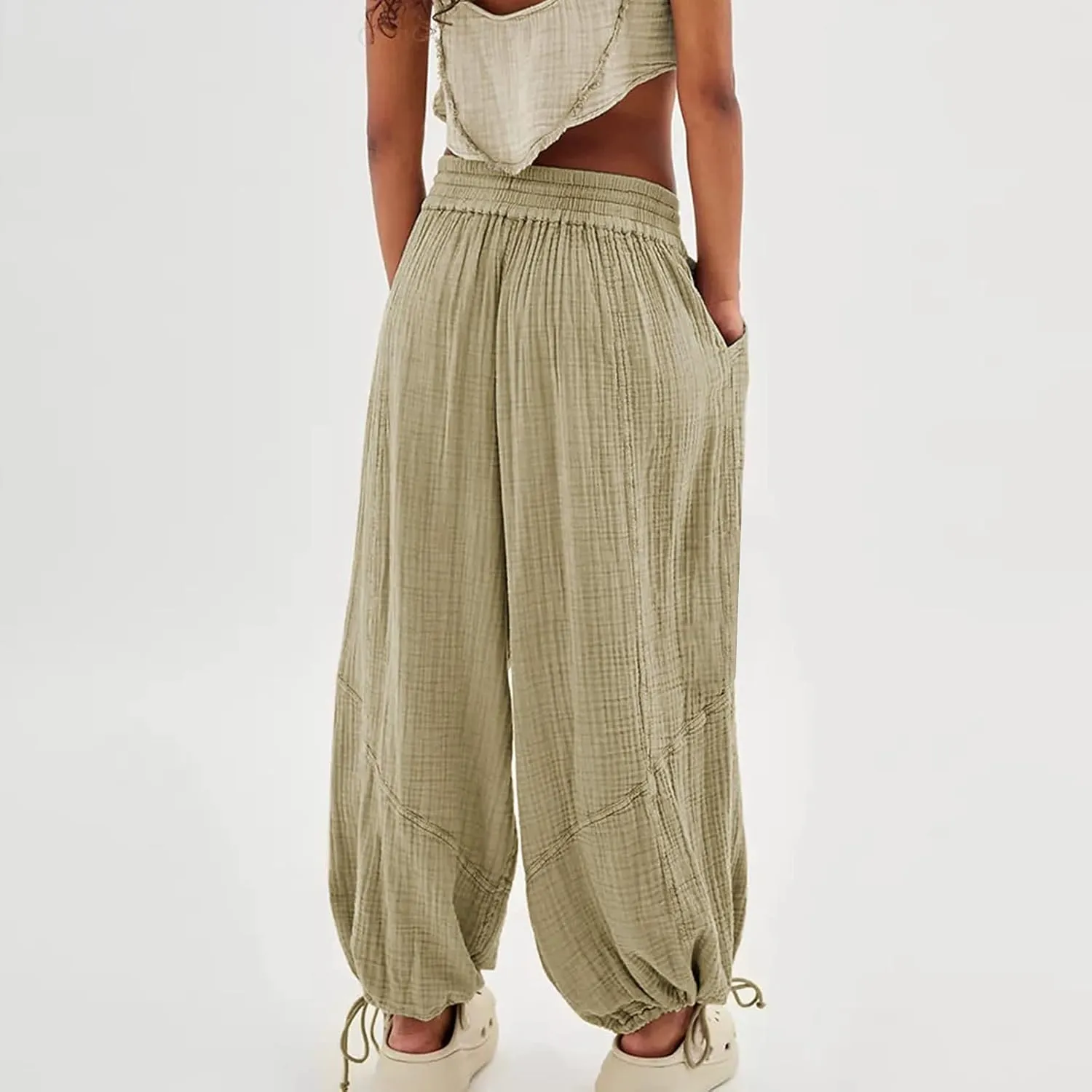 Women's Casual Wide Leg Paperbag Linen Palazzo Pants Summer High Waisted Drawstring Lightweight Boho Hippie Trousers