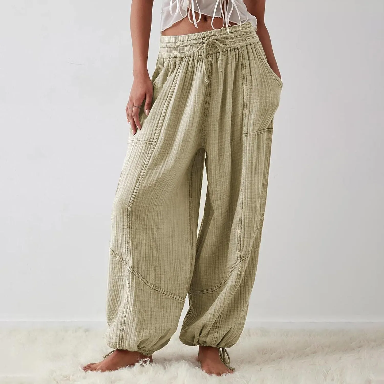 Women's Casual Wide Leg Paperbag Linen Palazzo Pants Summer High Waisted Drawstring Lightweight Boho Hippie Trousers