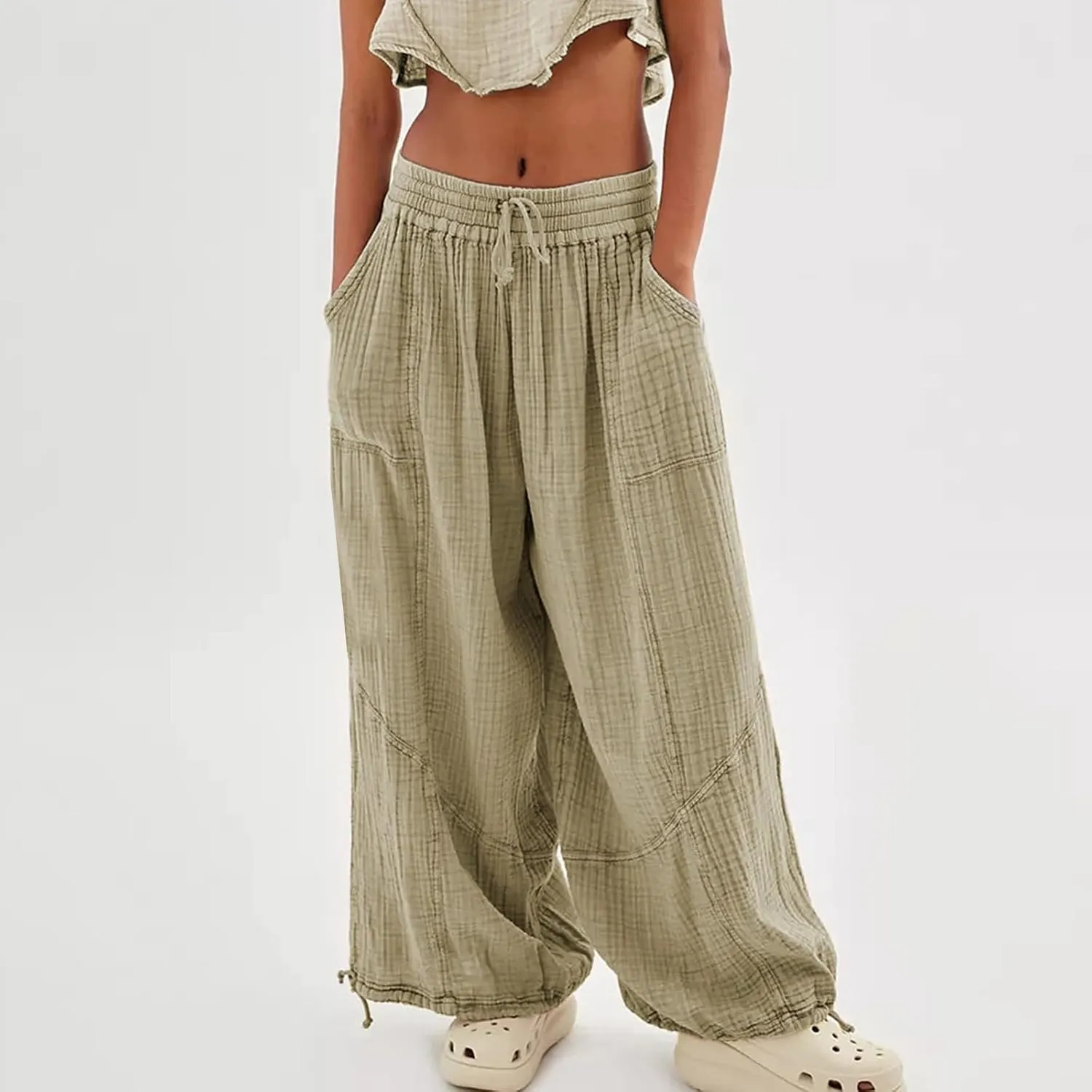 Women's Casual Wide Leg Paperbag Linen Palazzo Pants Summer High Waisted Drawstring Lightweight Boho Hippie Trousers