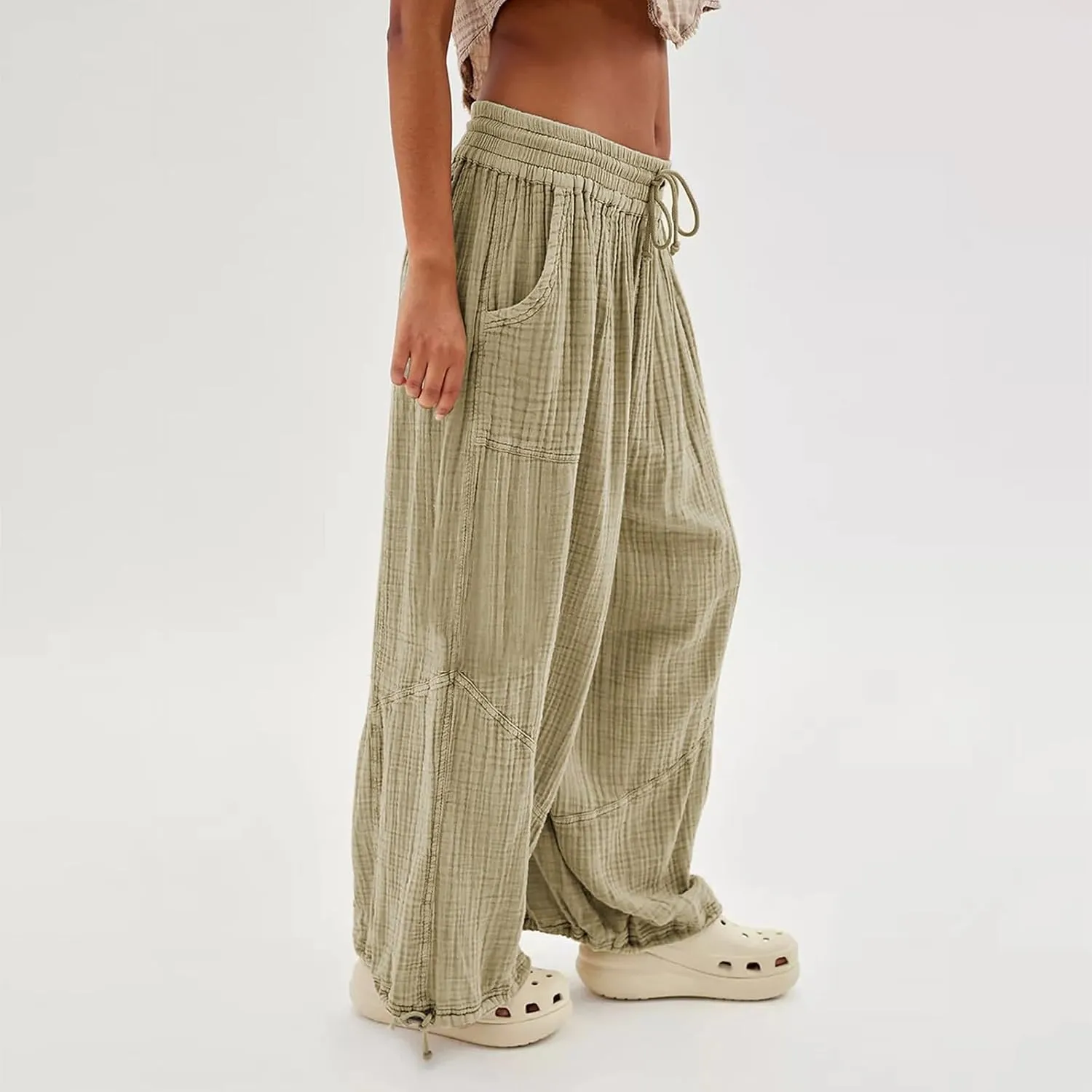 Women's Casual Wide Leg Paperbag Linen Palazzo Pants Summer High Waisted Drawstring Lightweight Boho Hippie Trousers