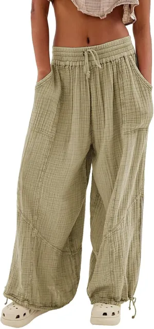 Women's Casual Wide Leg Paperbag Linen Palazzo Pants Summer High Waisted Drawstring Lightweight Boho Hippie Trousers