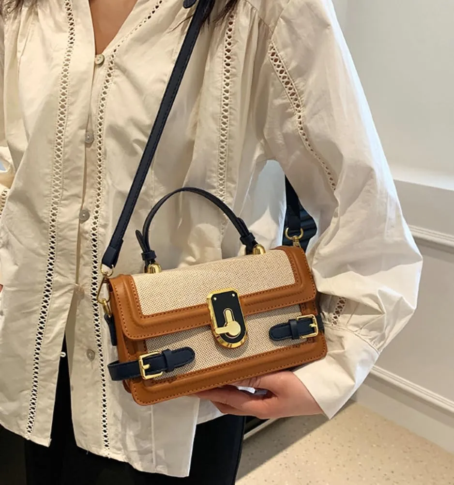 Womens Chic Crossbody Shoulder Bags Small Totes PU Leather Evening Clutch Purse Splicing Handbag Elegant Satchel