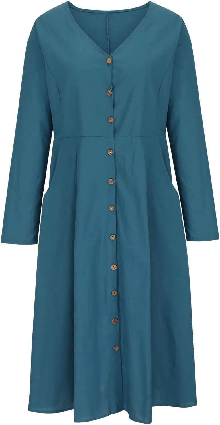 Women's Cotton Linen Dress Fall Button Down V-Neck Elegant Dress with Pocket Long Sleeve Outdoor Cardigan Maxi Dress