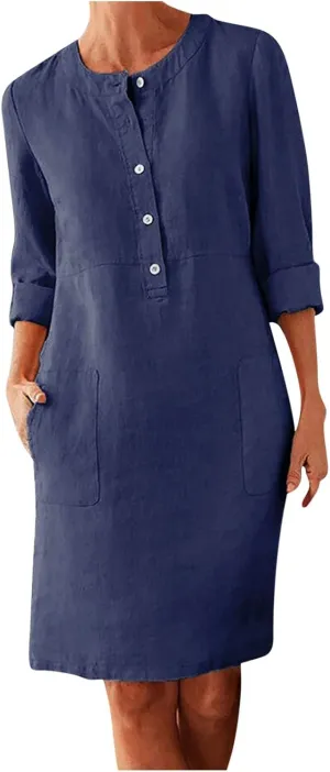 Women's Cotton Linen Shirt Dress Long Sleeve Summer Midi Dresses Dressy Casual Button Down Crewneck Solid Dress