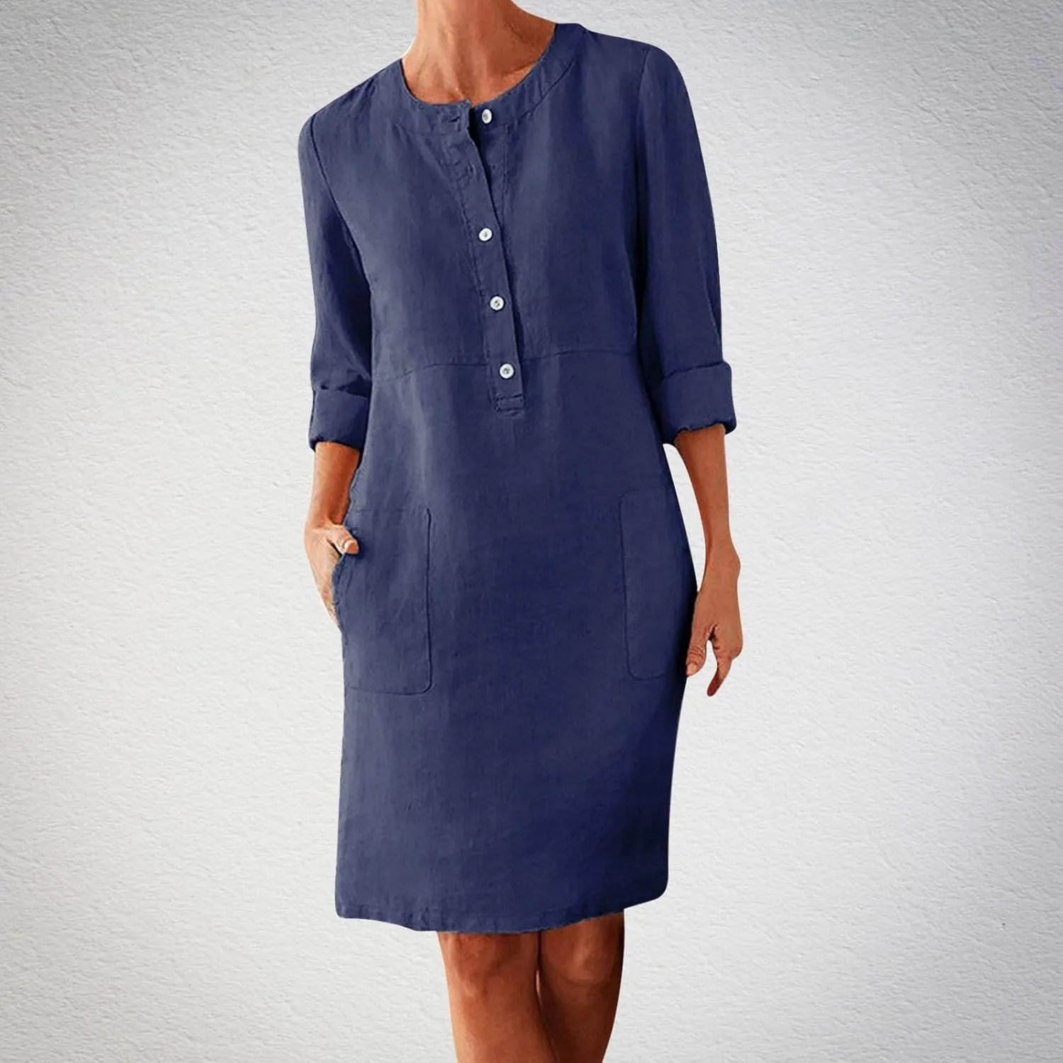 Women's Cotton Linen Shirt Dress Long Sleeve Summer Midi Dresses Dressy Casual Button Down Crewneck Solid Dress