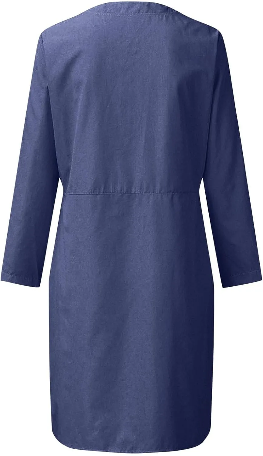 Women's Cotton Linen Shirt Dress Long Sleeve Summer Midi Dresses Dressy Casual Button Down Crewneck Solid Dress