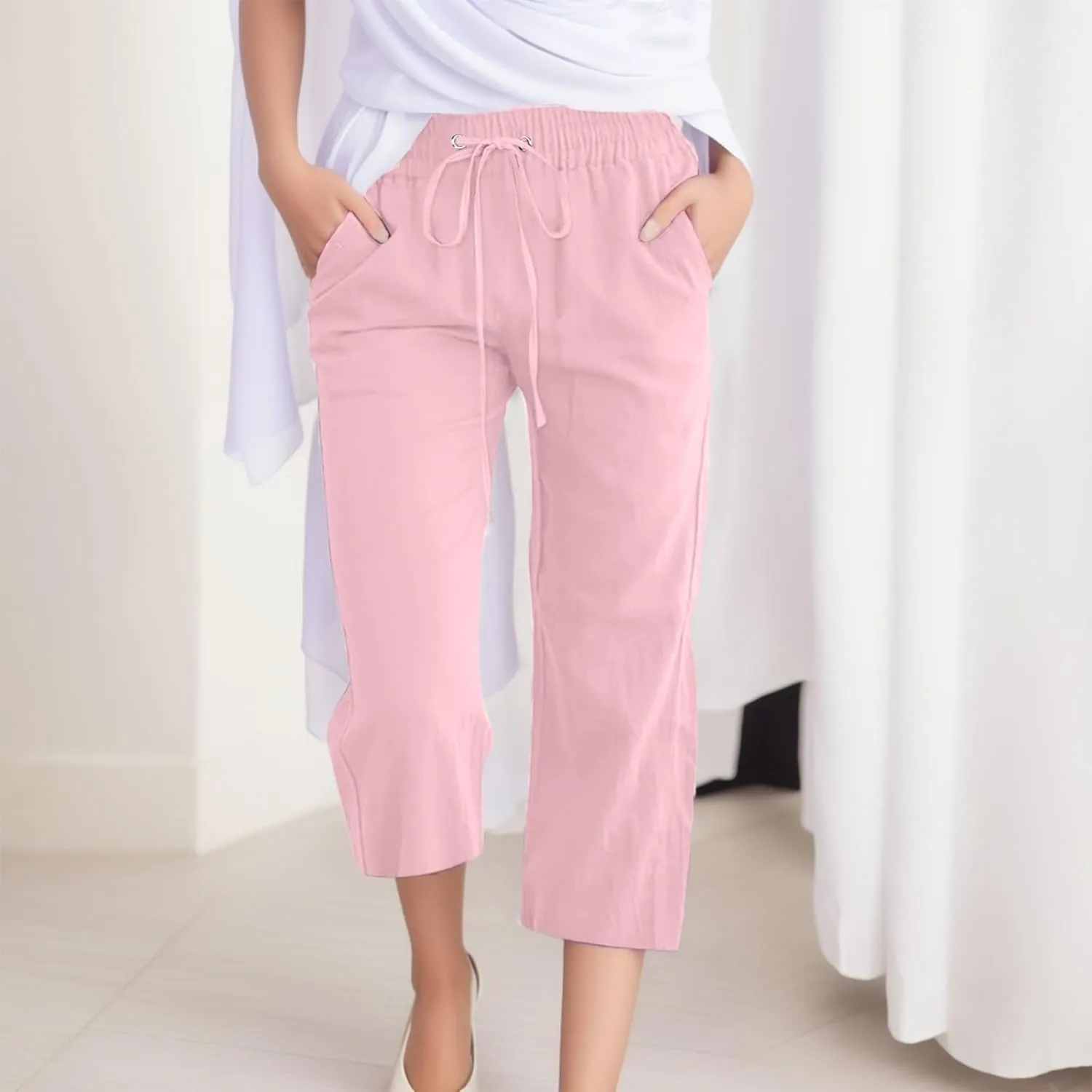 Women's Cotton Linen Summer Cropped Palazzo Pants High Waist Ankle Length Loose Fit Trousers Business Work