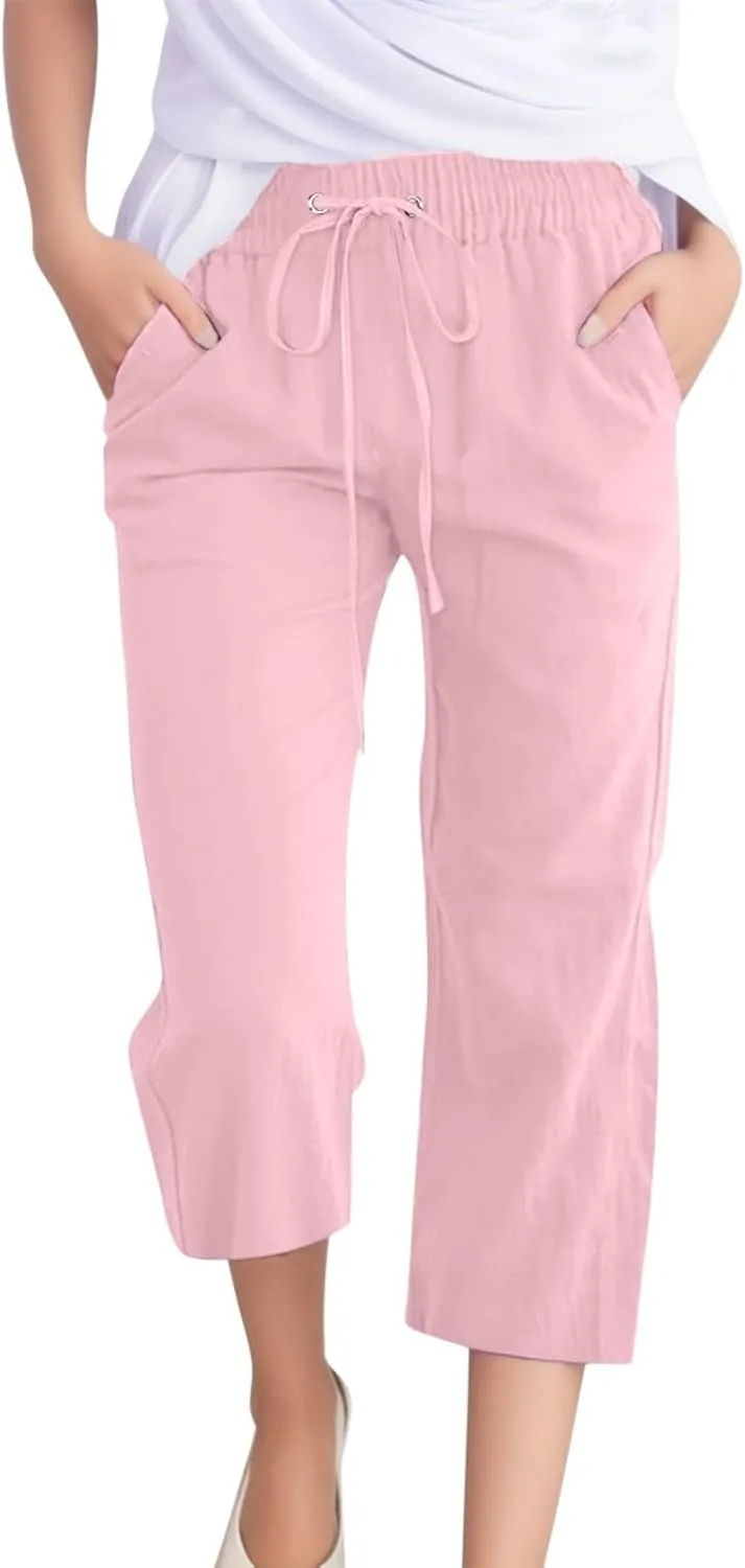 Women's Cotton Linen Summer Cropped Palazzo Pants High Waist Ankle Length Loose Fit Trousers Business Work
