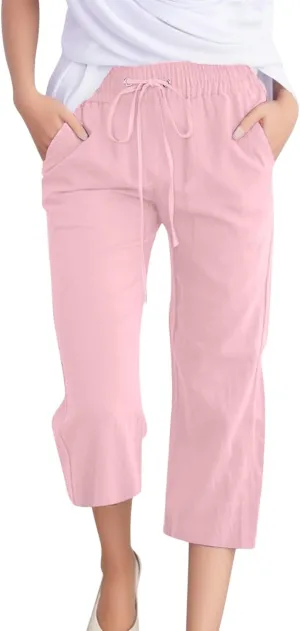 Women's Cotton Linen Summer Cropped Palazzo Pants High Waist Ankle Length Loose Fit Trousers Business Work
