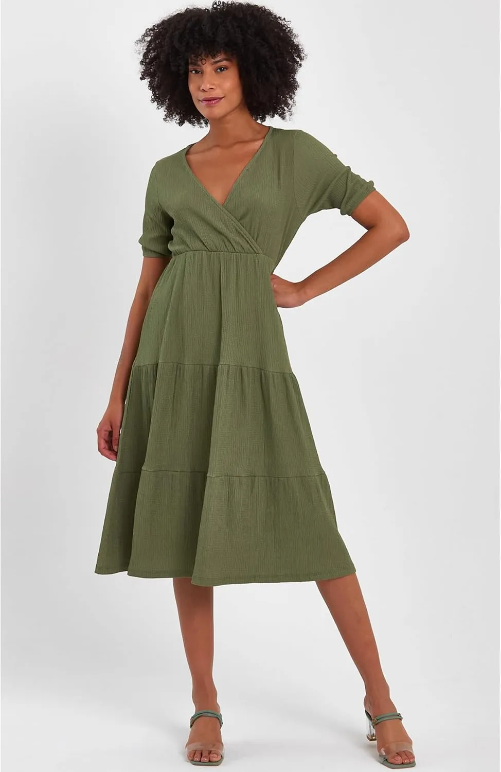 Women's Cross Wrap V Neck Short Sleeve Smocked A Line Casual Club Party Evening Tiered Midi Dresses