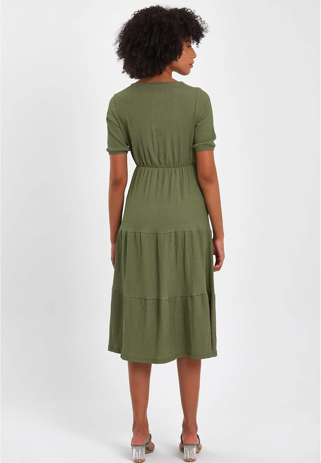 Women's Cross Wrap V Neck Short Sleeve Smocked A Line Casual Club Party Evening Tiered Midi Dresses
