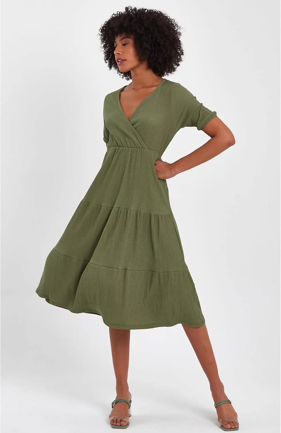 Women's Cross Wrap V Neck Short Sleeve Smocked A Line Casual Club Party Evening Tiered Midi Dresses