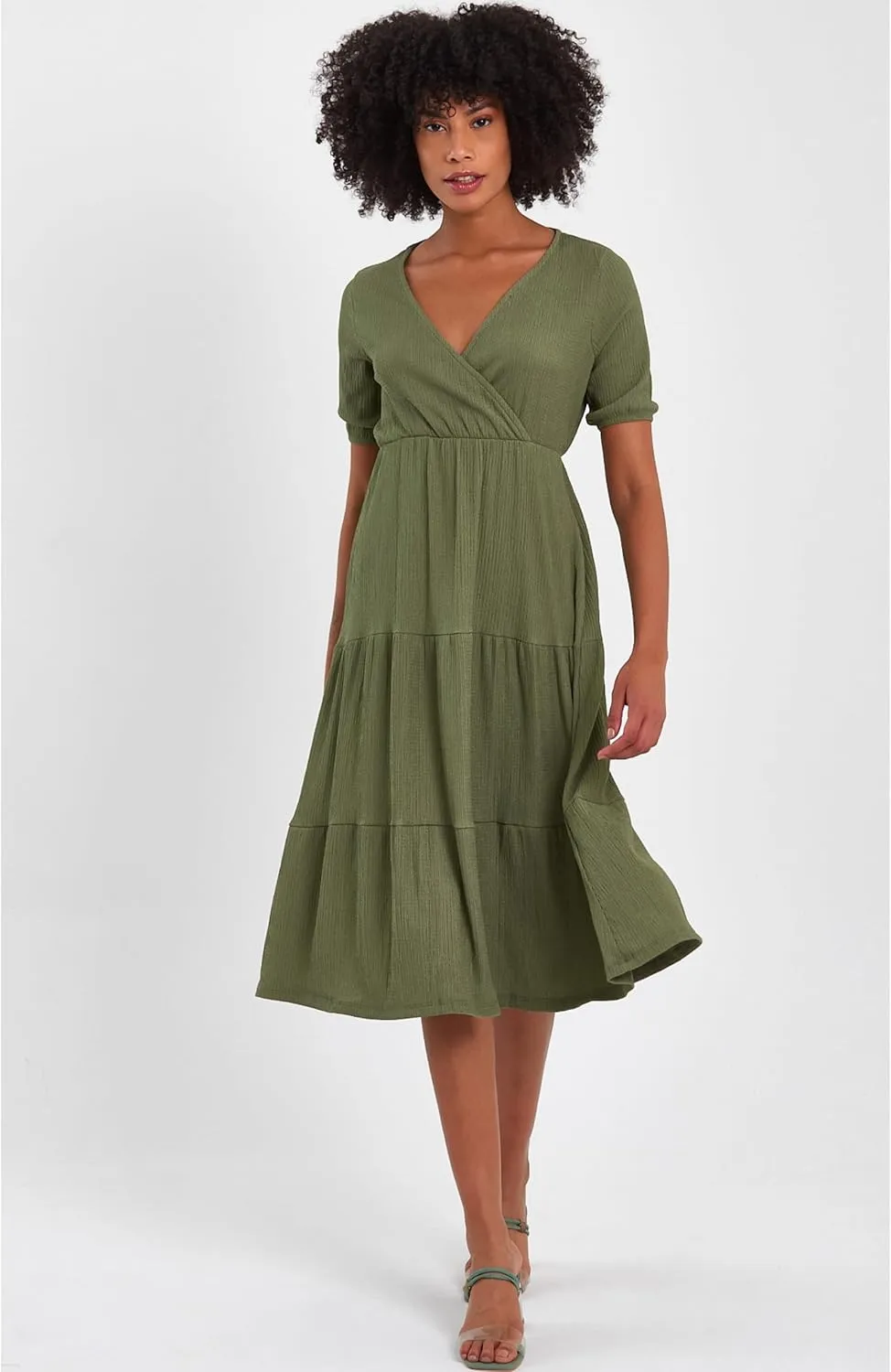 Women's Cross Wrap V Neck Short Sleeve Smocked A Line Casual Club Party Evening Tiered Midi Dresses