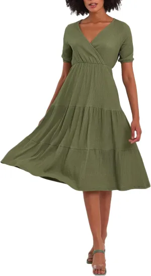 Women's Cross Wrap V Neck Short Sleeve Smocked A Line Casual Club Party Evening Tiered Midi Dresses