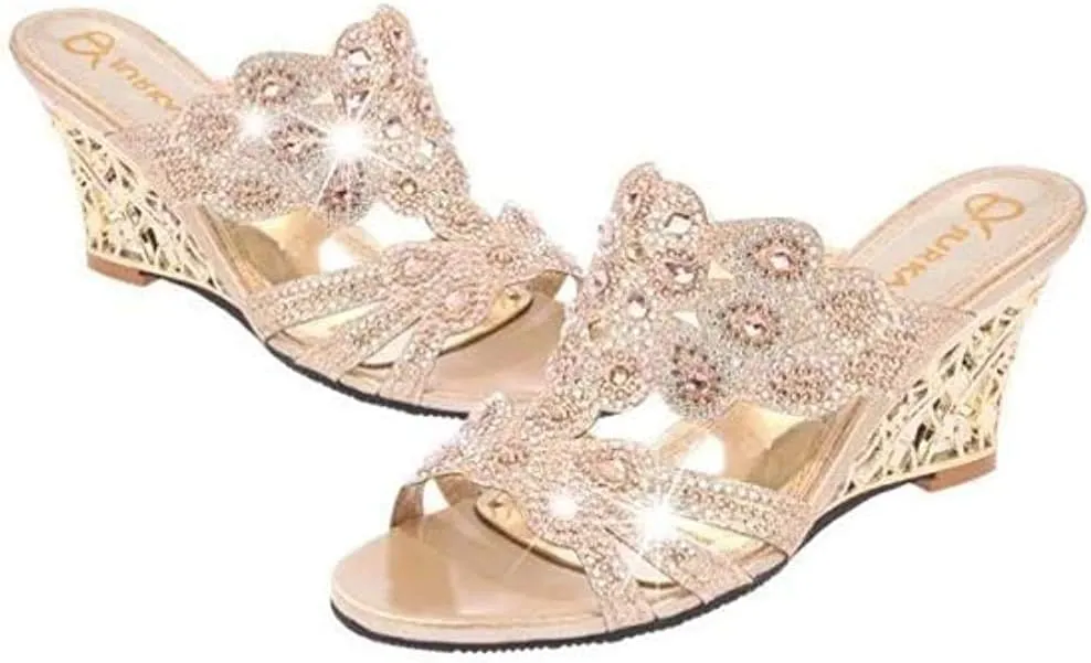 Women's Crystal Rhinestone Peacock Patterned Handmade Sandals Platform Wedge Dress Sandals Slippers
