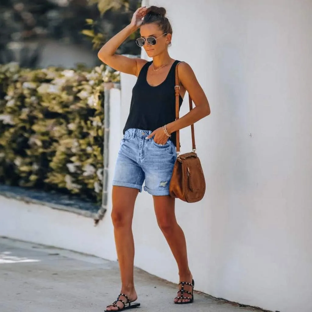 Womens Denim Shorts Stretchy Mid High Waisted Summer Beach Plus Size Casual Trendy Ripped Loose Fit Hot Short Jeans