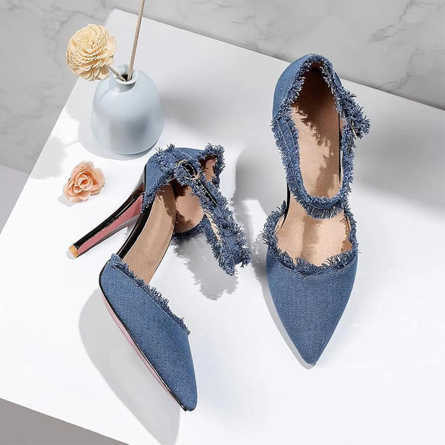 Women’s Denim Tassel Pointed Toe Stiletto Pumps with Ankle Strap Sexy Cutout High Heels Wedding Party Dress Pumps Prom Daily Classic Office Lady Work Shoes