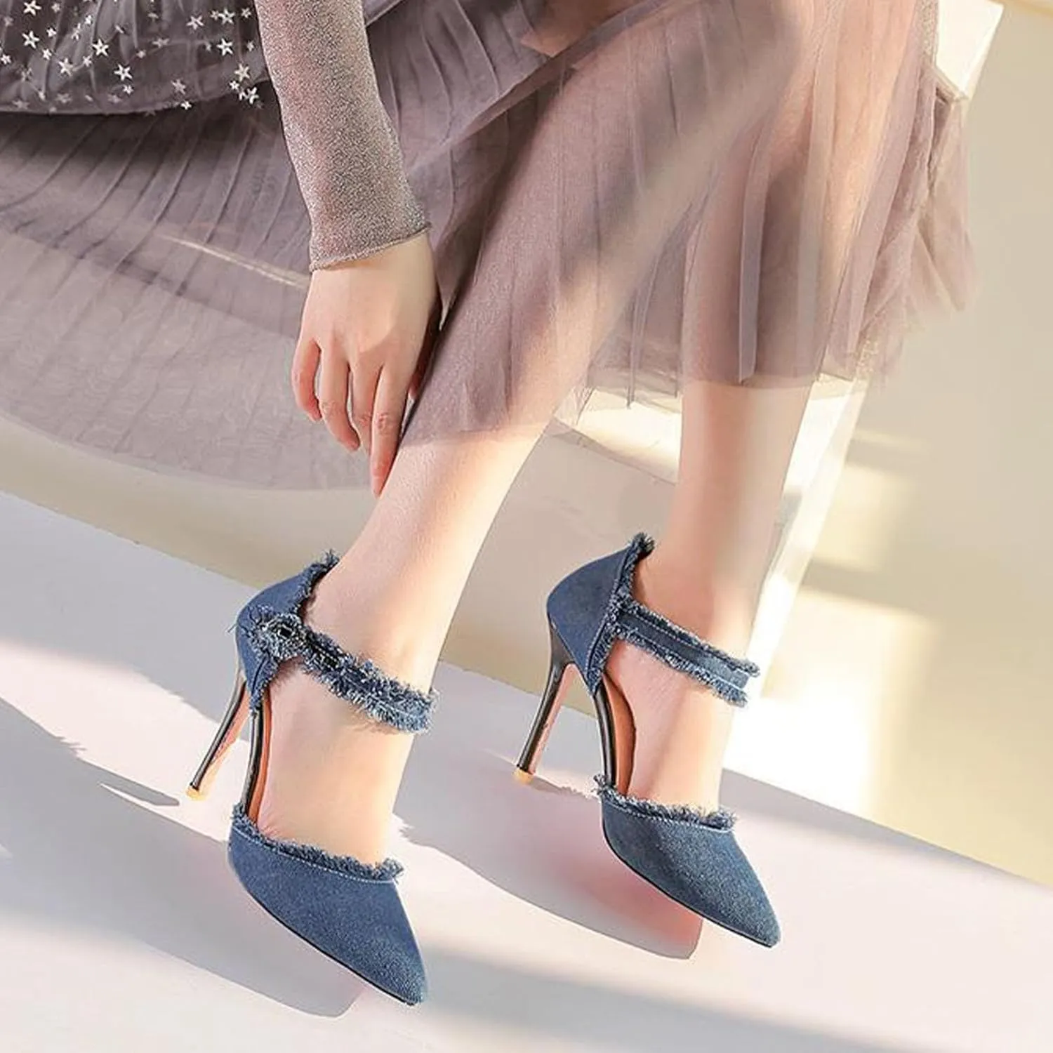 Women’s Denim Tassel Pointed Toe Stiletto Pumps with Ankle Strap Sexy Cutout High Heels Wedding Party Dress Pumps Prom Daily Classic Office Lady Work Shoes