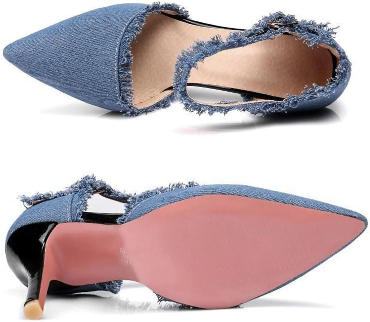 Women’s Denim Tassel Pointed Toe Stiletto Pumps with Ankle Strap Sexy Cutout High Heels Wedding Party Dress Pumps Prom Daily Classic Office Lady Work Shoes