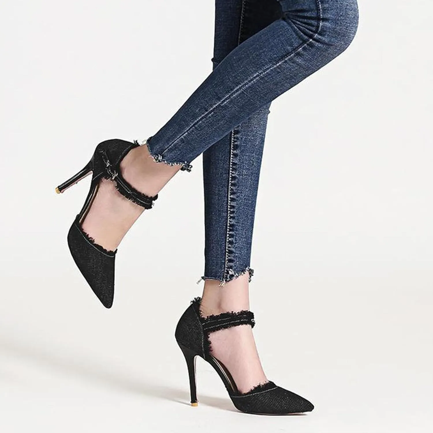 Women’s Denim Tassel Pointed Toe Stiletto Pumps with Ankle Strap Sexy Cutout High Heels Wedding Party Dress Pumps Prom Daily Classic Office Lady Work Shoes