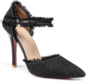 Women’s Denim Tassel Pointed Toe Stiletto Pumps with Ankle Strap Sexy Cutout High Heels Wedding Party Dress Pumps Prom Daily Classic Office Lady Work Shoes