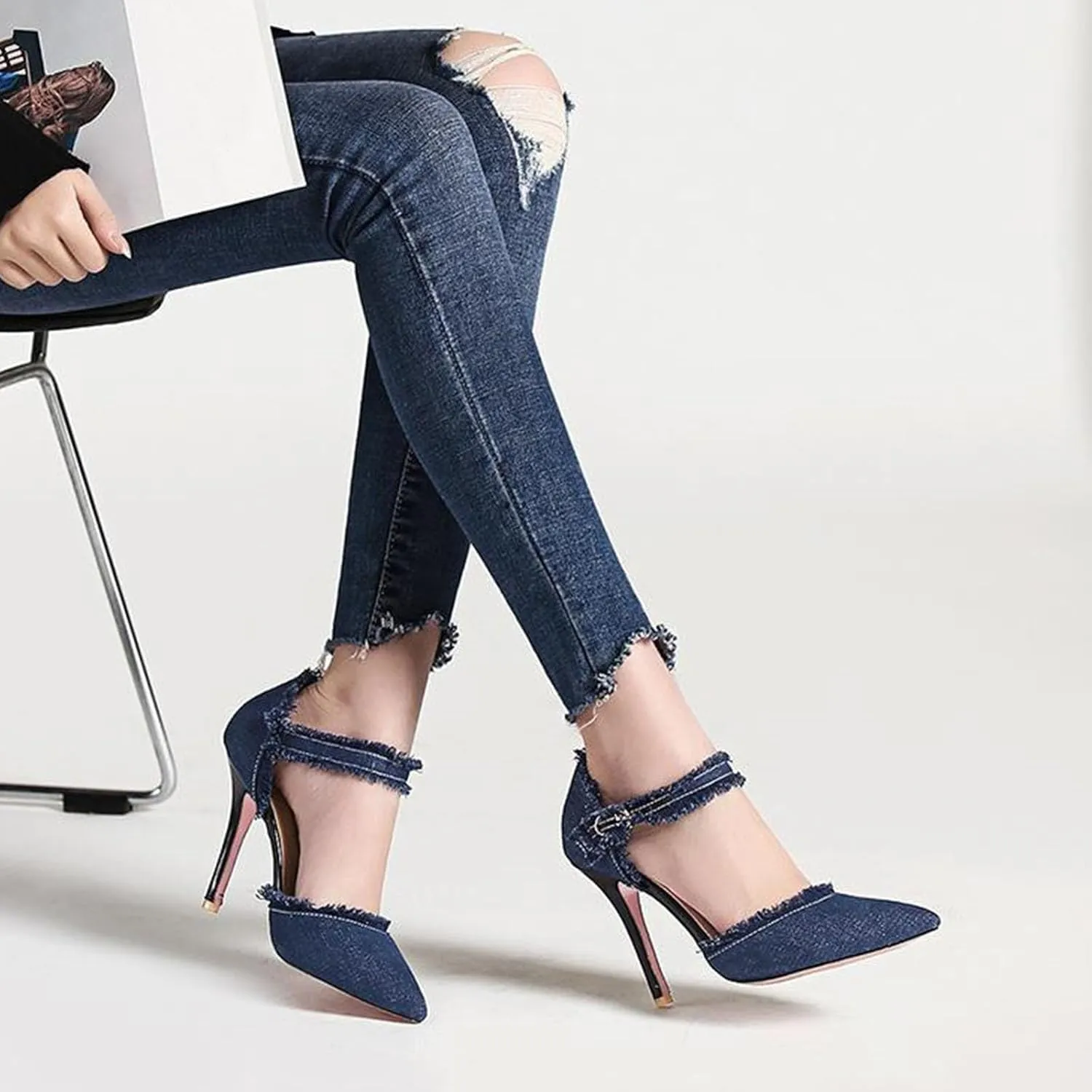 Women’s Denim Tassel Pointed Toe Stiletto Pumps with Ankle Strap Sexy Cutout High Heels Wedding Party Dress Pumps Prom Daily Classic Office Lady Work Shoes