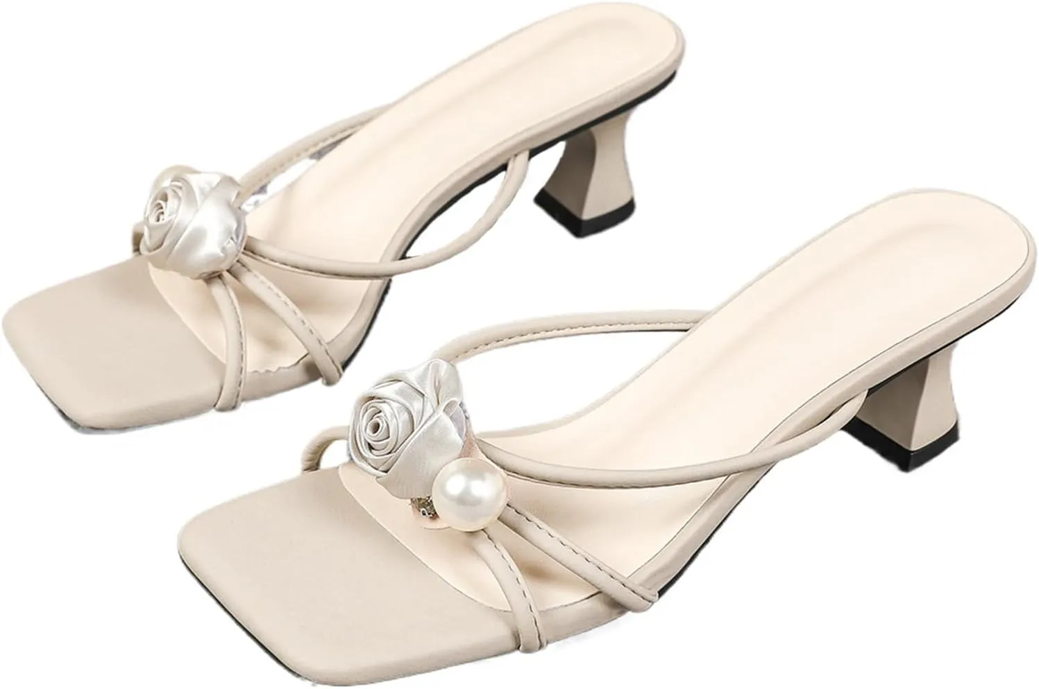 Women's Elegant 3D Floral Pearl Strappy Kitten Heel Sandals Square Open Toe Silp On Lightweight Non-Slip Casual Low Heel Slide Sandals for Wedding Bride Party Evening