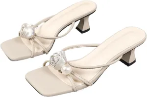 Women's Elegant 3D Floral Pearl Strappy Kitten Heel Sandals Square Open Toe Silp On Lightweight Non-Slip Casual Low Heel Slide Sandals for Wedding Bride Party Evening