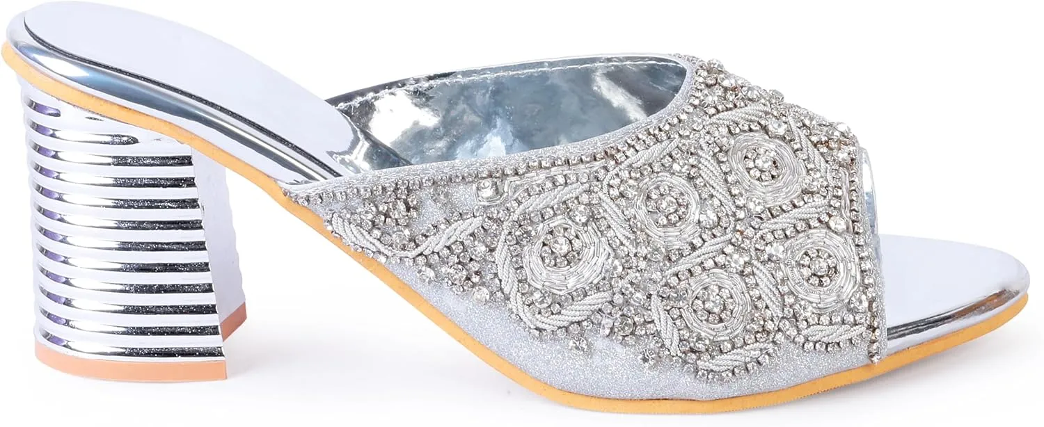 Women's Embroidered Block Heel Slip-On Sandals – Elegant Detailing Women's Red Velvet Embroidered Slip-On Sandals with Crystal Block Heels Stylish Open Toe Party Mules