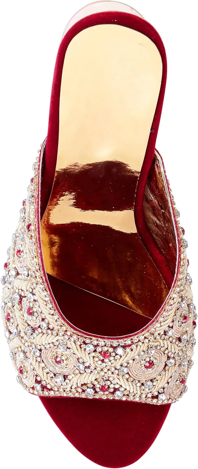 Women's Embroidered Block Heel Slip-On Sandals – Elegant Detailing Women's Red Velvet Embroidered Slip-On Sandals with Crystal Block Heels Stylish Open Toe Party Mules