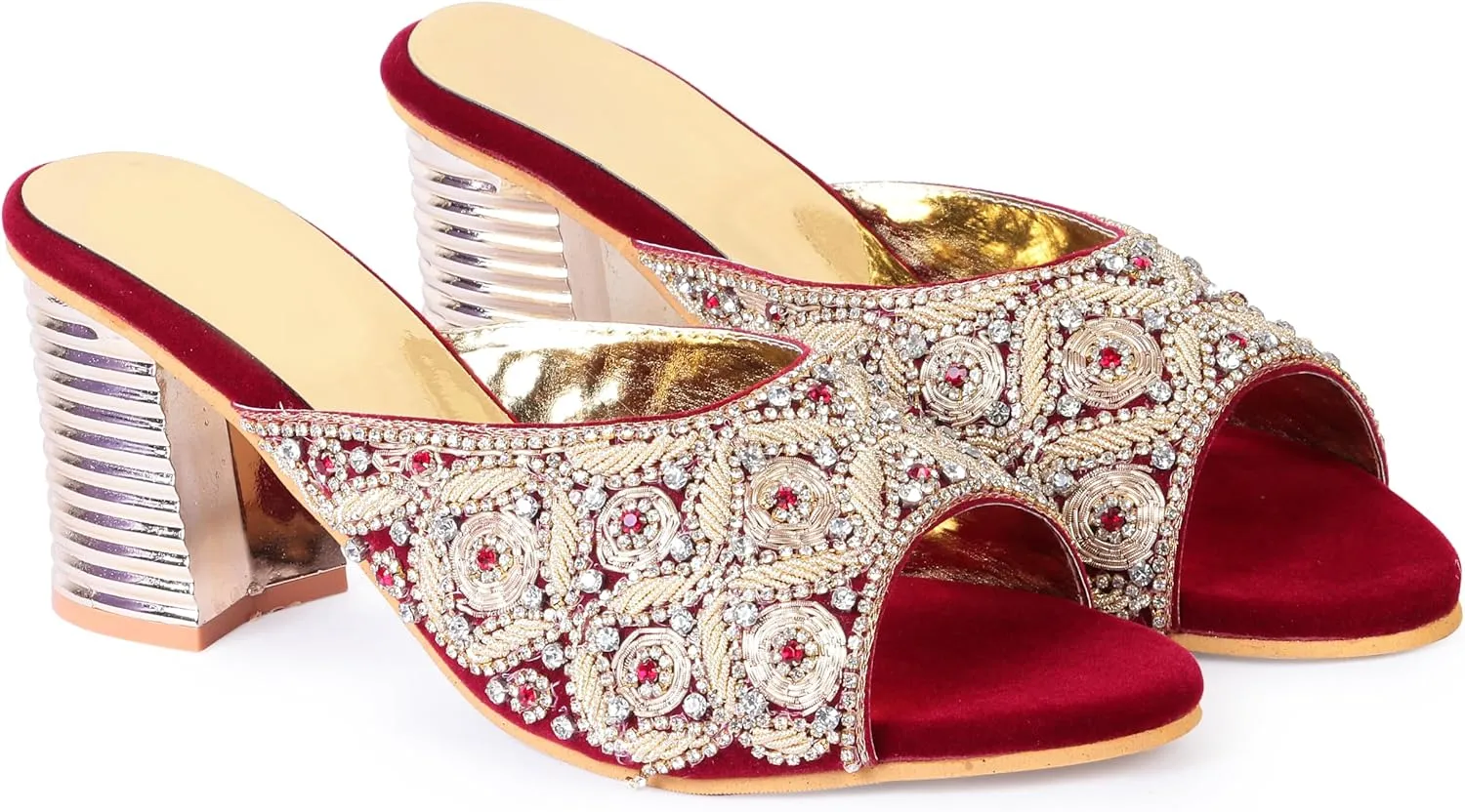 Women's Embroidered Block Heel Slip-On Sandals – Elegant Detailing Women's Red Velvet Embroidered Slip-On Sandals with Crystal Block Heels Stylish Open Toe Party Mules