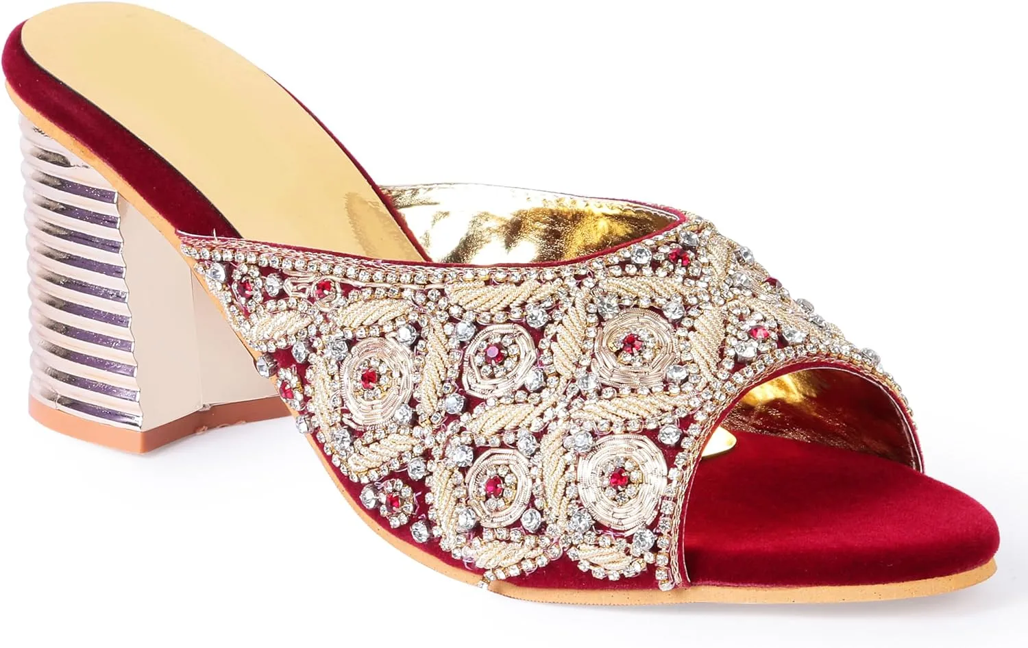 Women's Embroidered Block Heel Slip-On Sandals – Elegant Detailing Women's Red Velvet Embroidered Slip-On Sandals with Crystal Block Heels Stylish Open Toe Party Mules