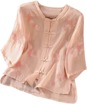 Womens Embroidered Shirts Solid Color Short Sleeve Linen Summer Casual Fashion Blouse Tops Loose T-Shirt