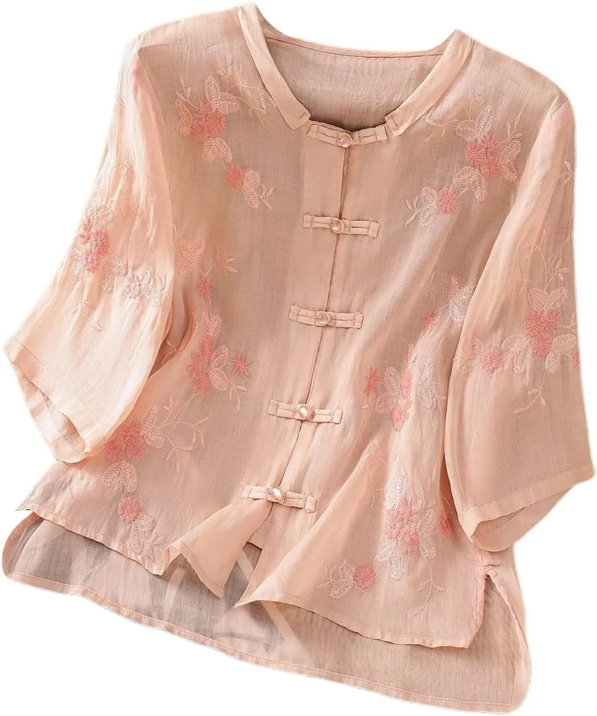 Womens Embroidered Shirts Solid Color Short Sleeve Linen Summer Casual Fashion Blouse Tops Loose T-Shirt