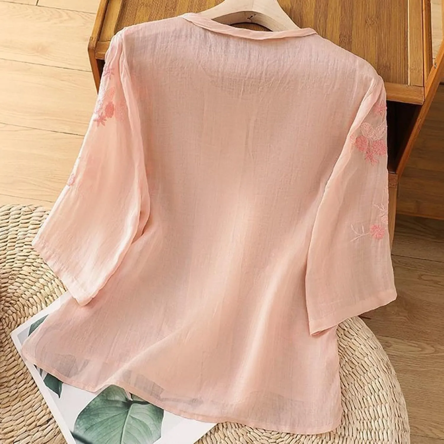 Womens Embroidered Shirts Solid Color Short Sleeve Linen Summer Casual Fashion Blouse Tops Loose T-Shirt