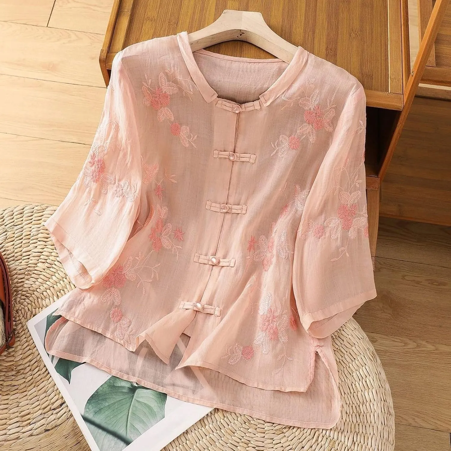 Womens Embroidered Shirts Solid Color Short Sleeve Linen Summer Casual Fashion Blouse Tops Loose T-Shirt