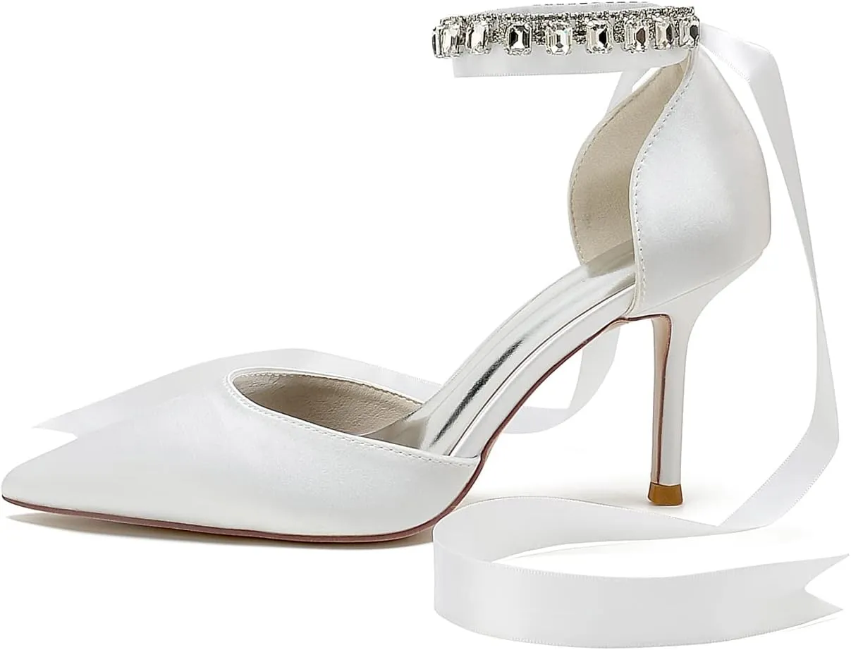 Womens High Heels Ribbon Tie Back Ankle Strap 3.35in D'Orsay Stiletto Wedding Dress Pumps Shoes