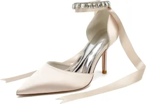 Womens High Heels Ribbon Tie Back Ankle Strap 3.35in D'Orsay Stiletto Wedding Dress Pumps Shoes