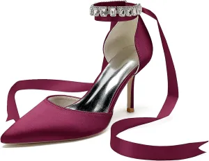 Womens High Heels Ribbon Tie Back Ankle Strap 3.35in D'Orsay Stiletto Wedding Dress Pumps Shoes