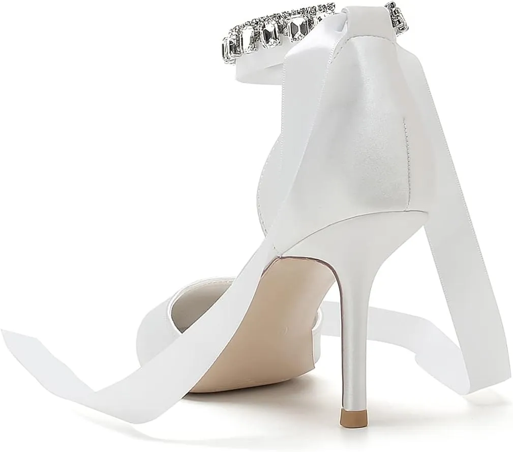 Womens High Heels Ribbon Tie Back Ankle Strap 3.35in D'Orsay Stiletto Wedding Dress Pumps Shoes