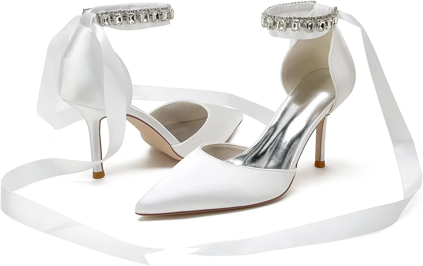 Womens High Heels Ribbon Tie Back Ankle Strap 3.35in D'Orsay Stiletto Wedding Dress Pumps Shoes