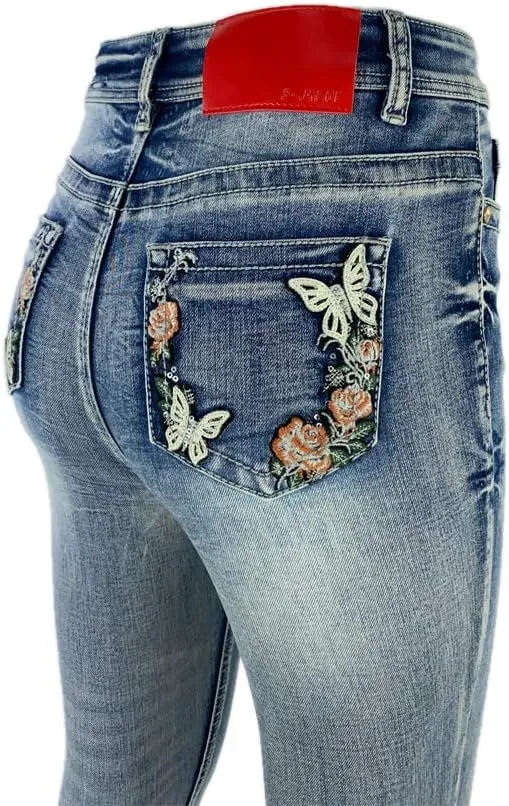 Women's High Rise Stretch Embroidered Sequins Slim Skinny Denim Jeans Tenths Pants