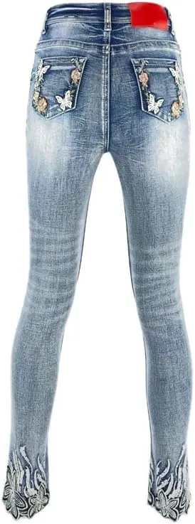 Women's High Rise Stretch Embroidered Sequins Slim Skinny Denim Jeans Tenths Pants