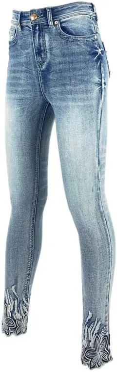 Women's High Rise Stretch Embroidered Sequins Slim Skinny Denim Jeans Tenths Pants