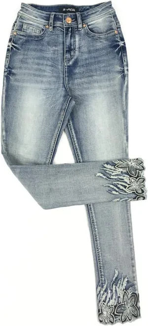 Women's High Rise Stretch Embroidered Sequins Slim Skinny Denim Jeans Tenths Pants