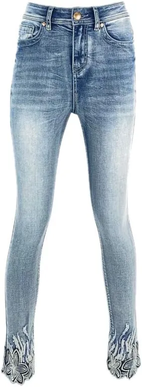 Women's High Rise Stretch Embroidered Sequins Slim Skinny Denim Jeans Tenths Pants