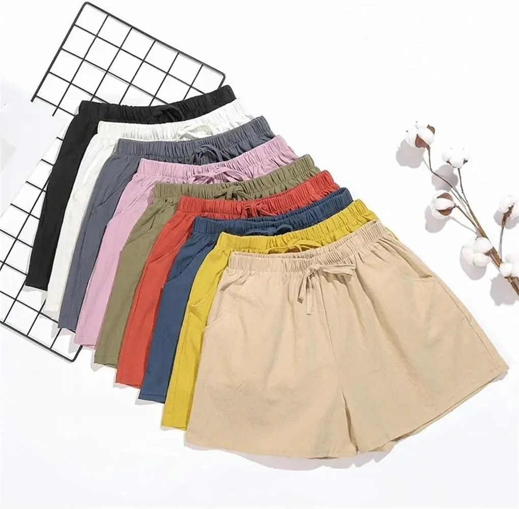 Women's High Waist Casual Linen Shorts Loose Elastic Waist Lace-Up Sports Shorts