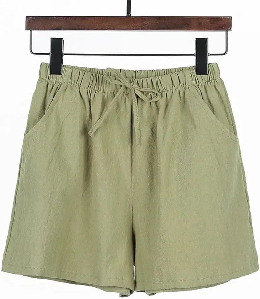 Women's High Waist Casual Linen Shorts Loose Elastic Waist Lace-Up Sports Shorts